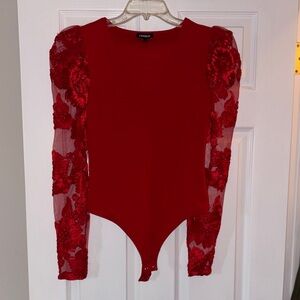Express Red Floral Mesh Sleeve Bodysuit